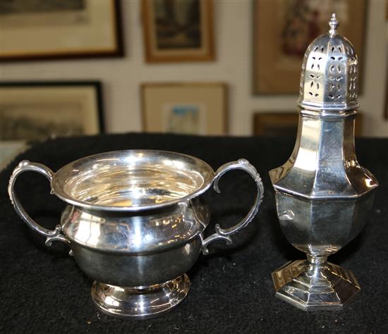 Silver 2-handled sugar bowl & plated sugar sifter